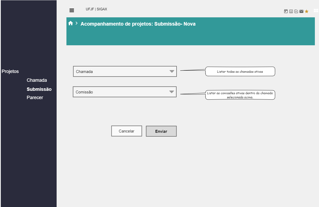 Submissão de novo projeto - Selecionar Chamada e Comissão.